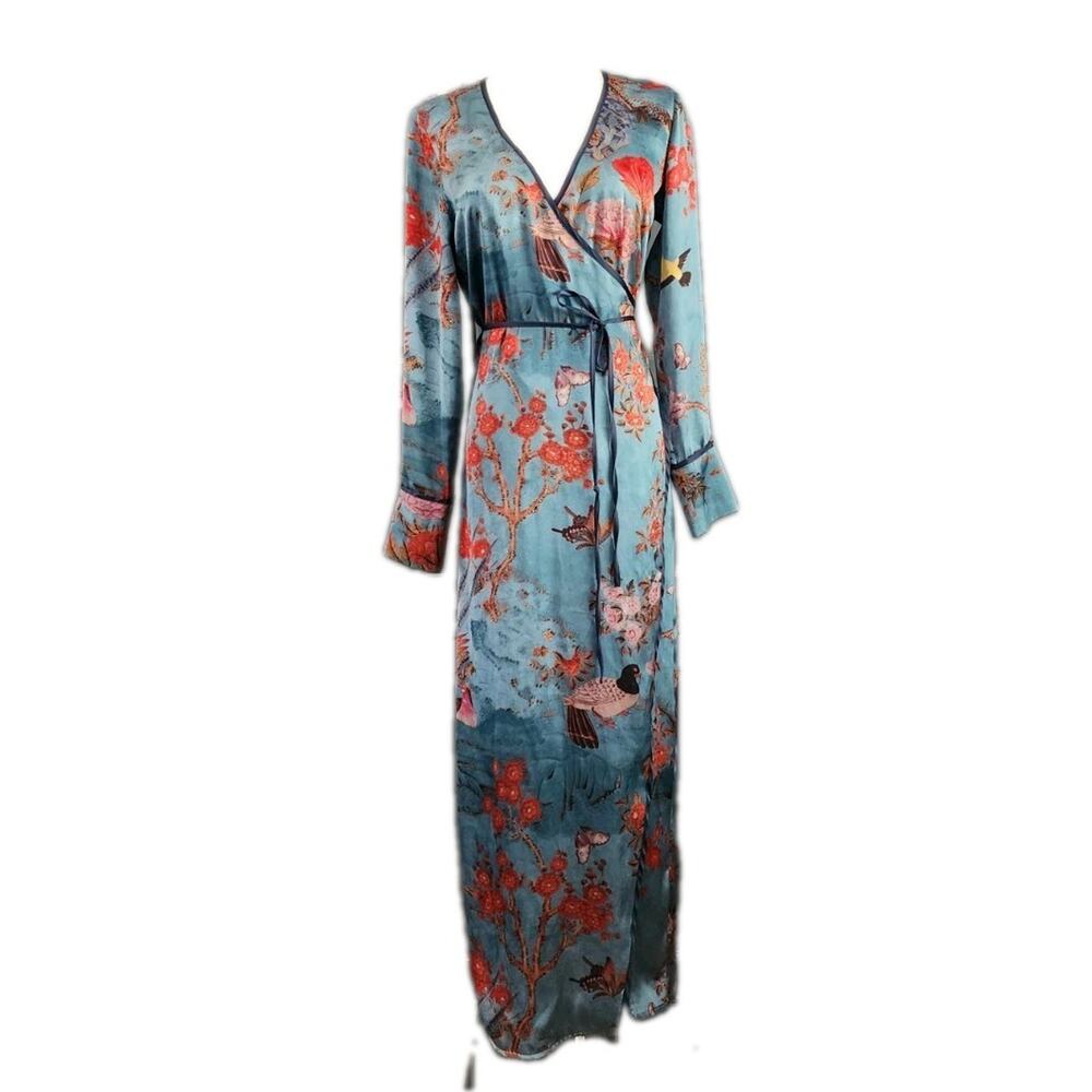 ZARA Teal Asian Inspired Kimono Long Wrap Duster Size Small 2740/745 - Picture 2 of 8